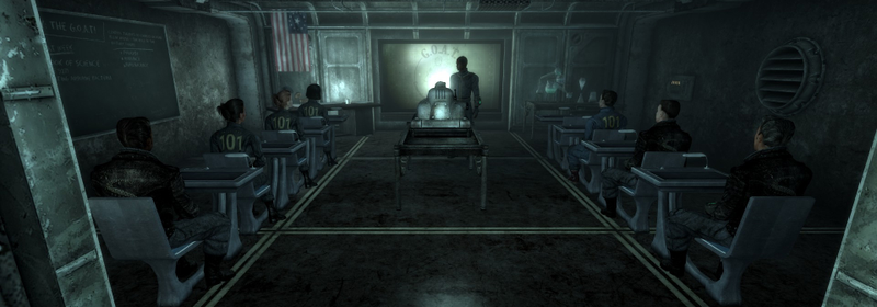 Students sit down to take an aptitude test in a Vault 101 classroom